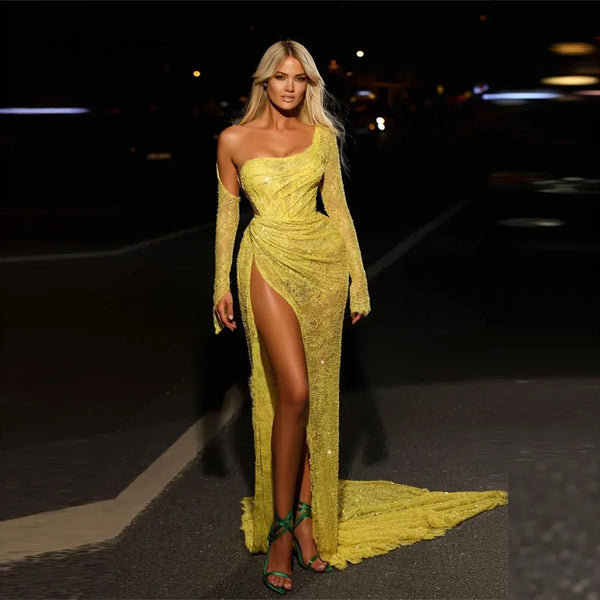 Prom Dress Yellow Lace One Shoulder Long Sleeve Customized Formal Evening Side High Split Court Train vestidos de