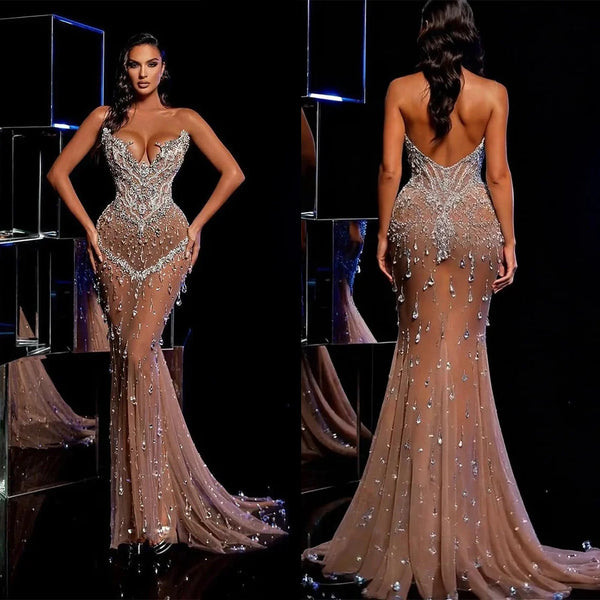Luxurious Beaded Evening Dresses 2025 Elegant Strapless Party Dress Crystal Sleeveless Gowns Customized Vestidos De Novia