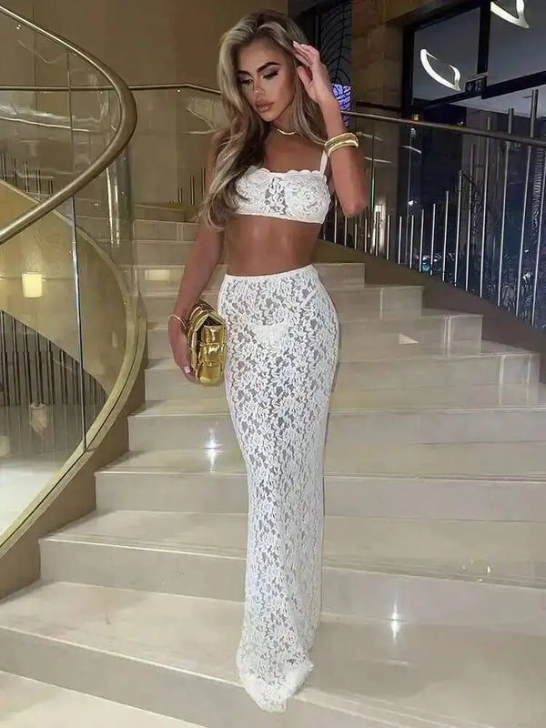 Lace Perspective Sexy Party Two Piece Set Strapless Crop Top And Midi Skirts 2 Pieces Set Women 2024 Summer Outfits