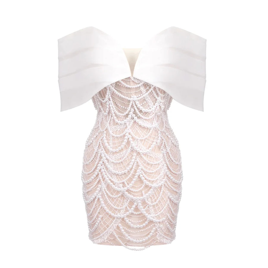 Fashion Strapless Pearl Mini Dress Pleated Satin Sweetheart Neck Off the Shoulder Sheer Mesh Sequin Bodycon Party Clubwear