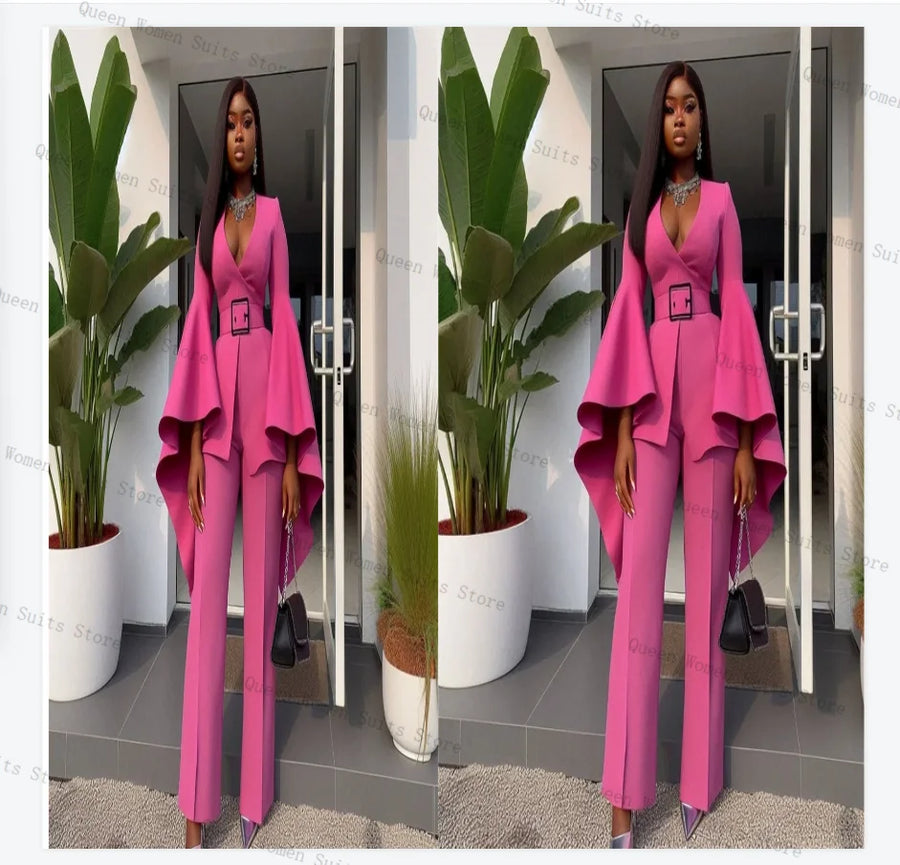 Pink Women Suit Set 2 Piece Blazer Pants Trouser Flare Big Sleeve Formal Office Lady Jacket Cotton Wedding Bride Coat Customized