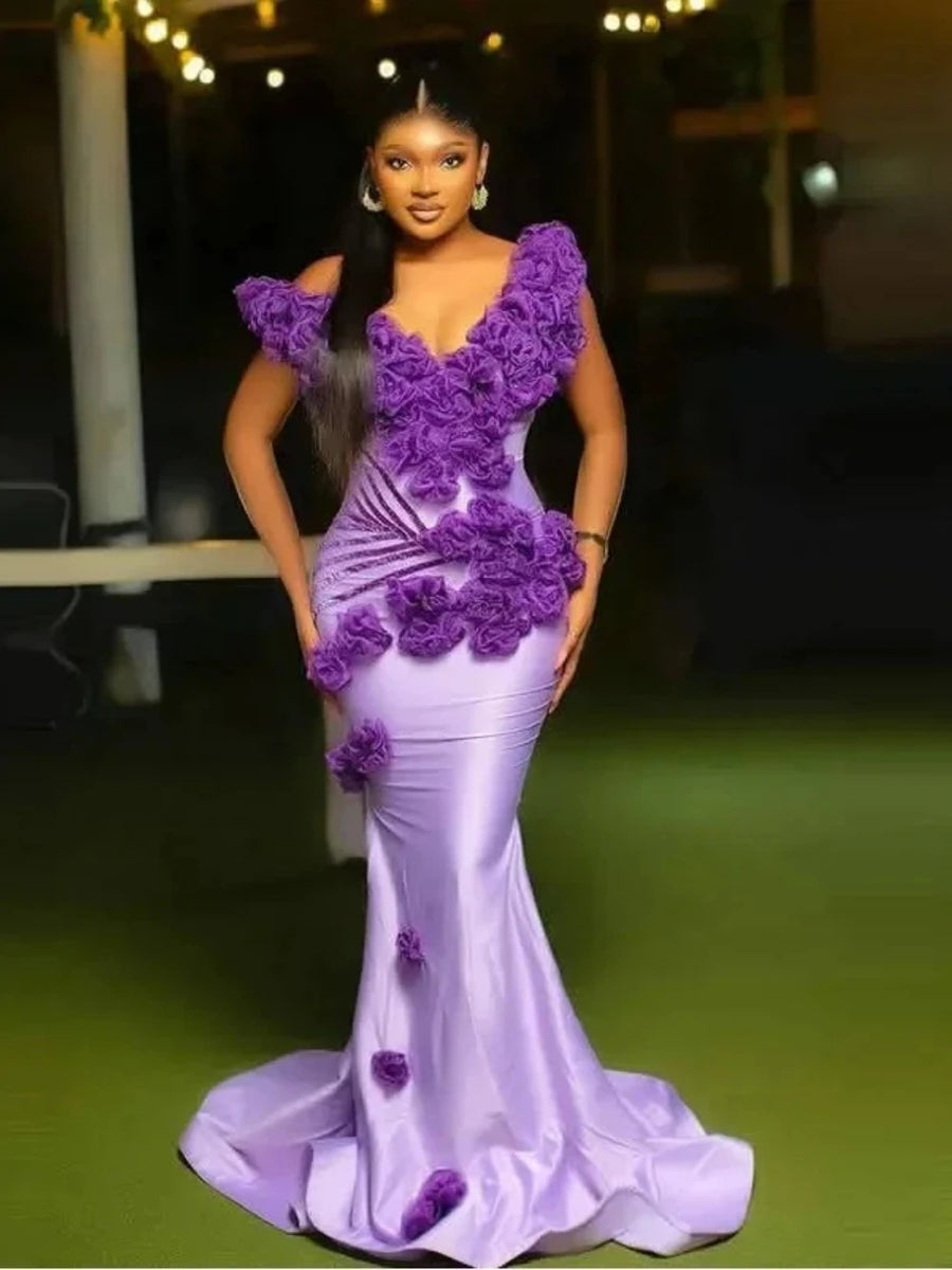 Luxury Aso Ebi Mermaid 3D Flower Women's Party Evening Dress New Sexy V-neck Celebrity Wedding Formal Occasion Dress Customized