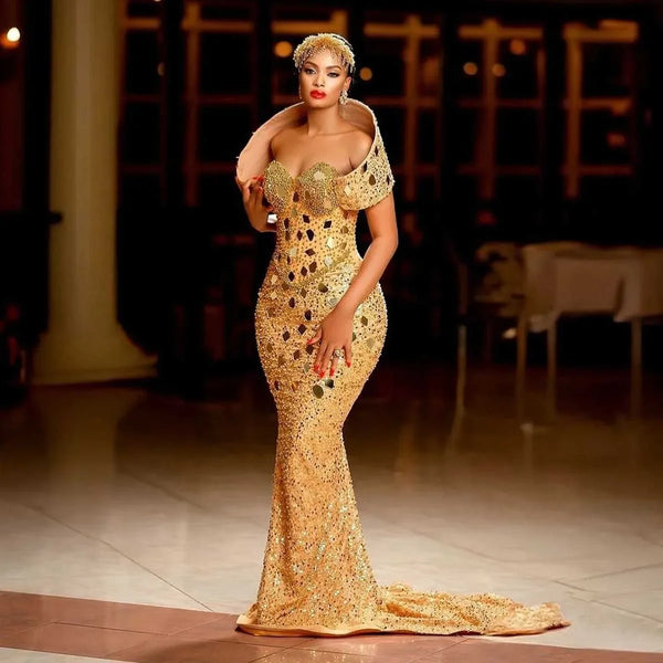 Aso Ebi Style Wedding Party Dress 3D Cap Shoulder Gold African Formal Occasion Dress  Luxury Beaded Crystals Mermaid Prom Dress